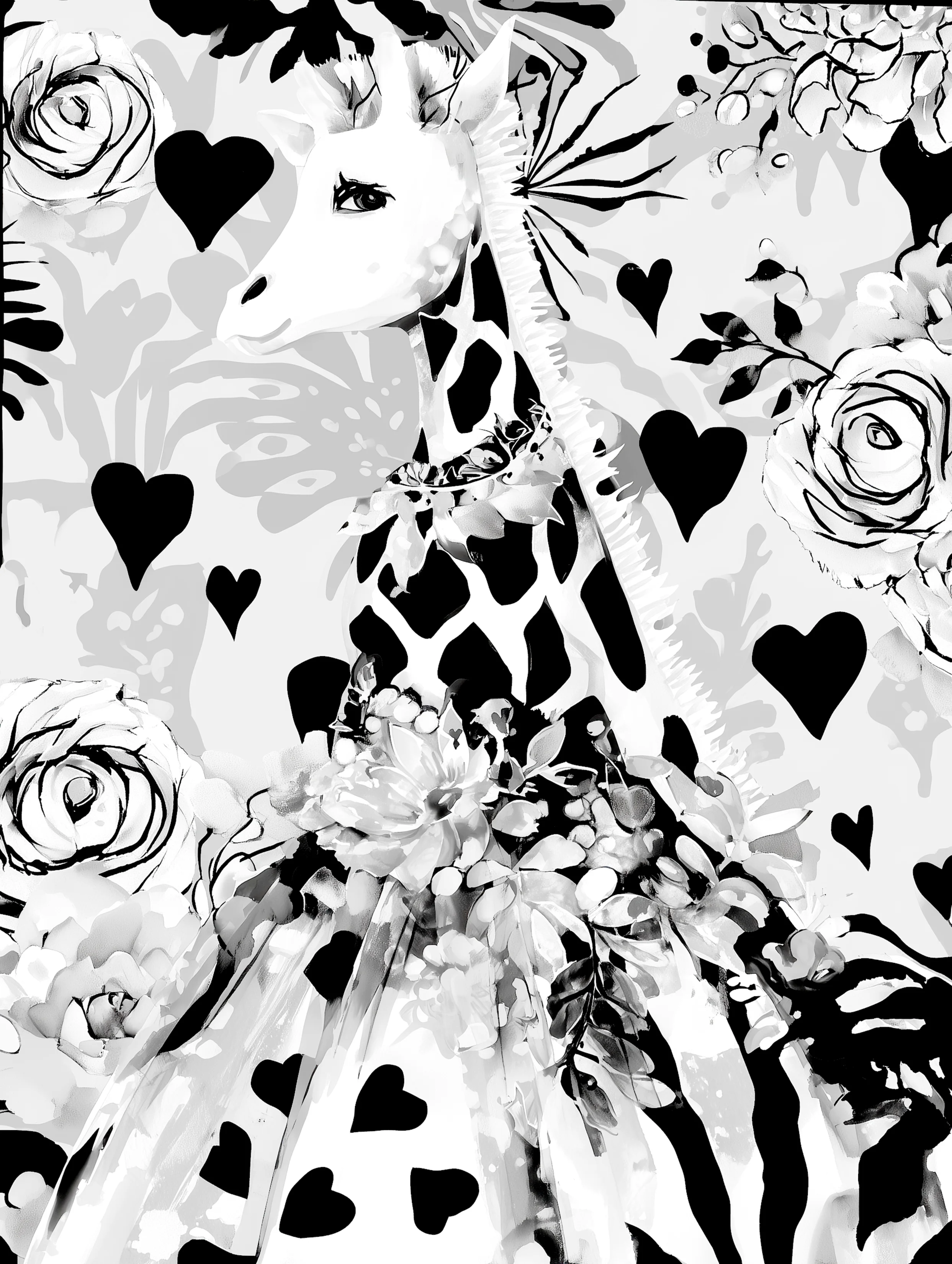 Free printable giraffe coloring page featuring side view giraffe wearing a dress